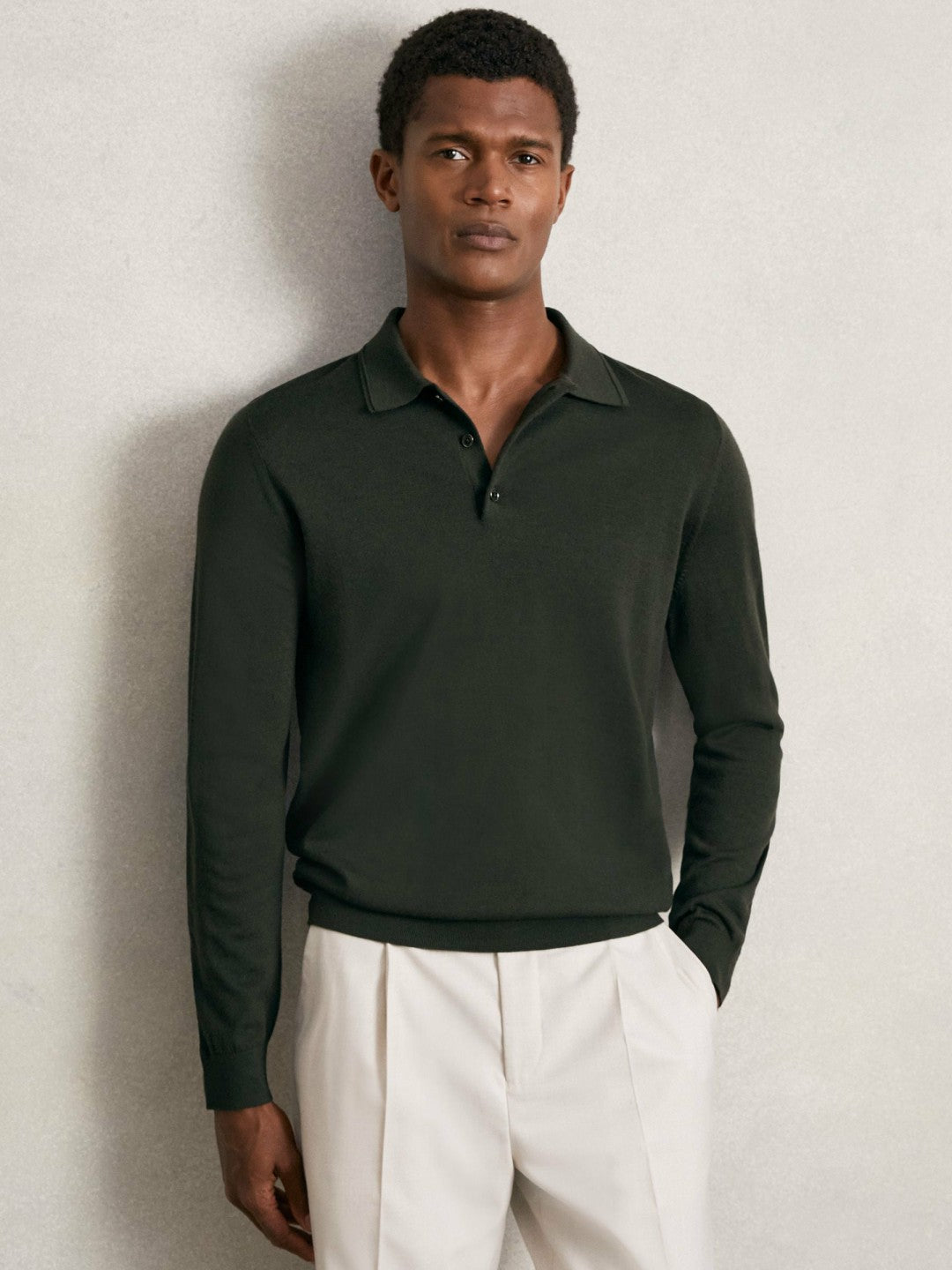 Reiss Affordable - Merino Wool Long-Sleeve Polo Shirt in Dark Military Green