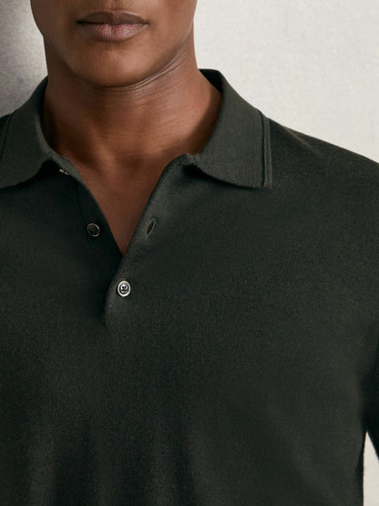 Reiss Affordable - Merino Wool Long-Sleeve Polo Shirt in Dark Military Green
