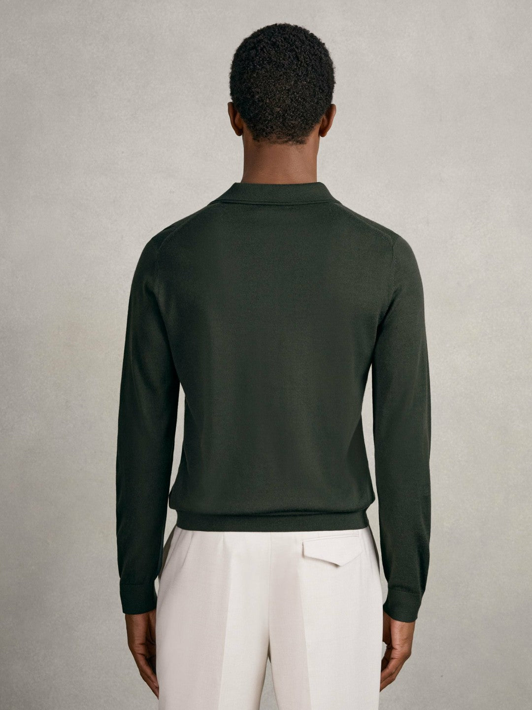 Reiss Affordable - Merino Wool Long-Sleeve Polo Shirt in Dark Military Green