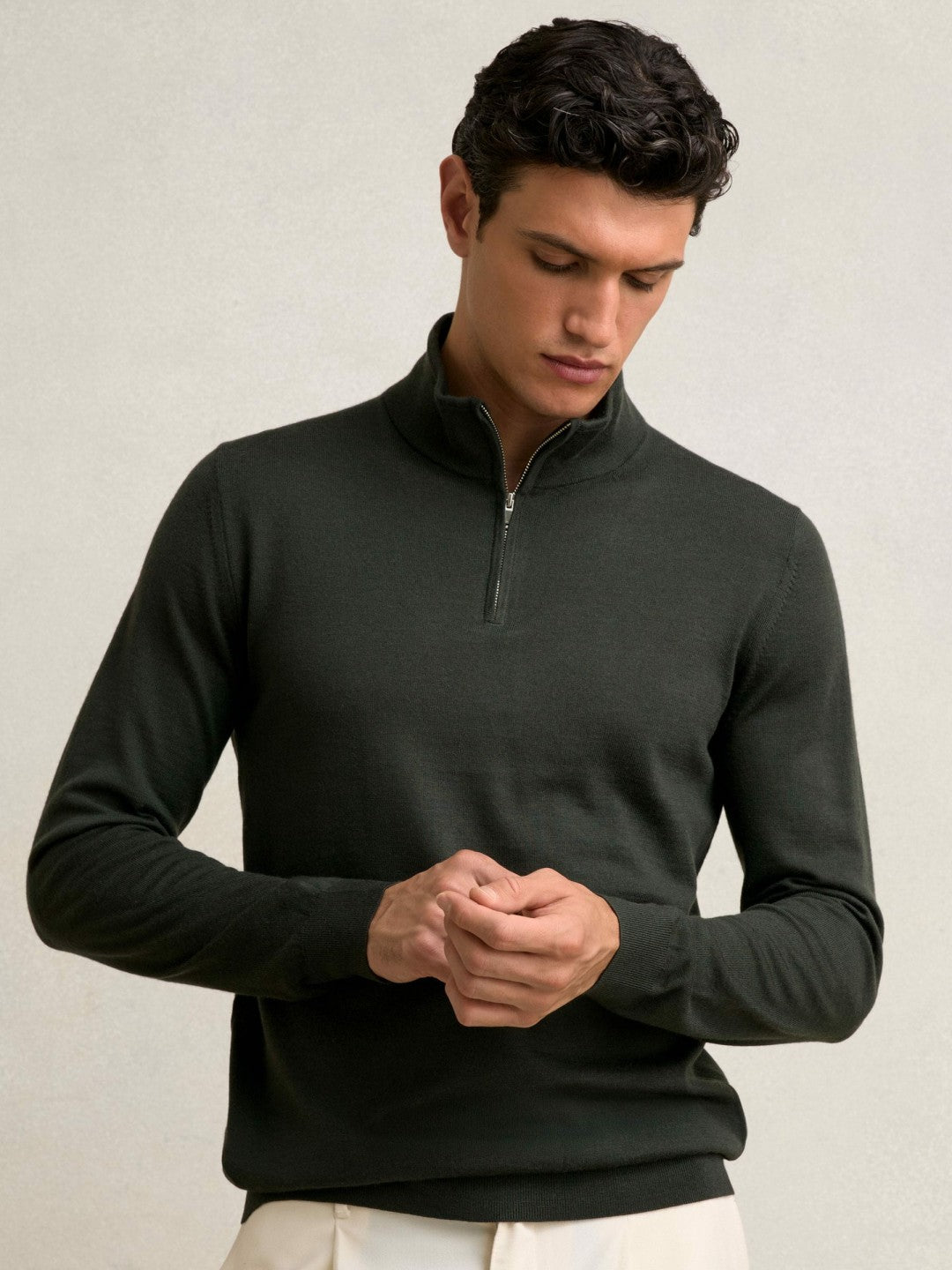 Reiss Merino Wool Half-Zip Jumper in Dark Military Green