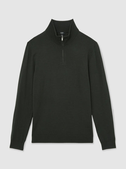 Reiss Merino Wool Half-Zip Jumper in Dark Military Green
