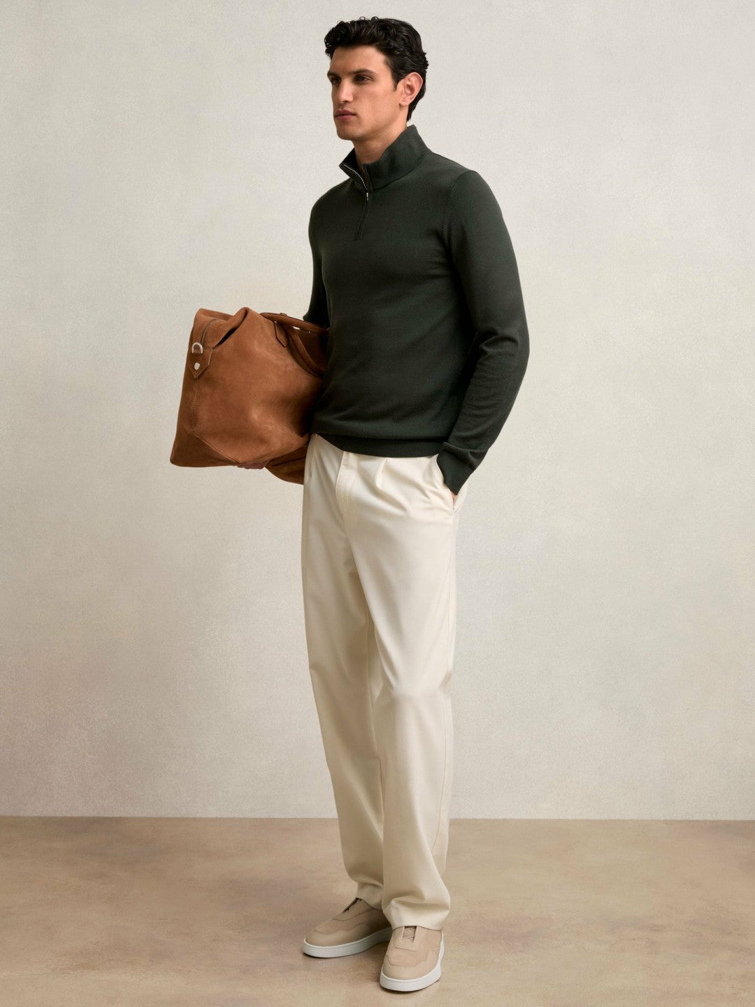 Reiss Merino Wool Half-Zip Jumper in Dark Military Green