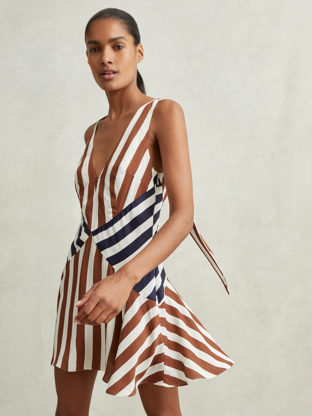 Reiss Stripe-Print Sleeveless Mini Dress in Brown/Navy
