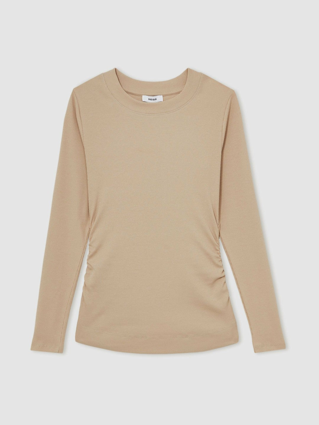 Reiss Cotton Long-Sleeve Ruched T-Shirt with Stretch in Camel