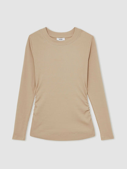 Reiss Cotton Long-Sleeve Ruched T-Shirt with Stretch in Camel