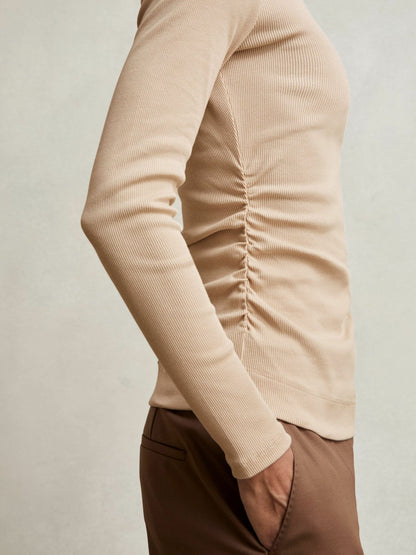 Reiss Cotton Long-Sleeve Ruched T-Shirt with Stretch in Camel