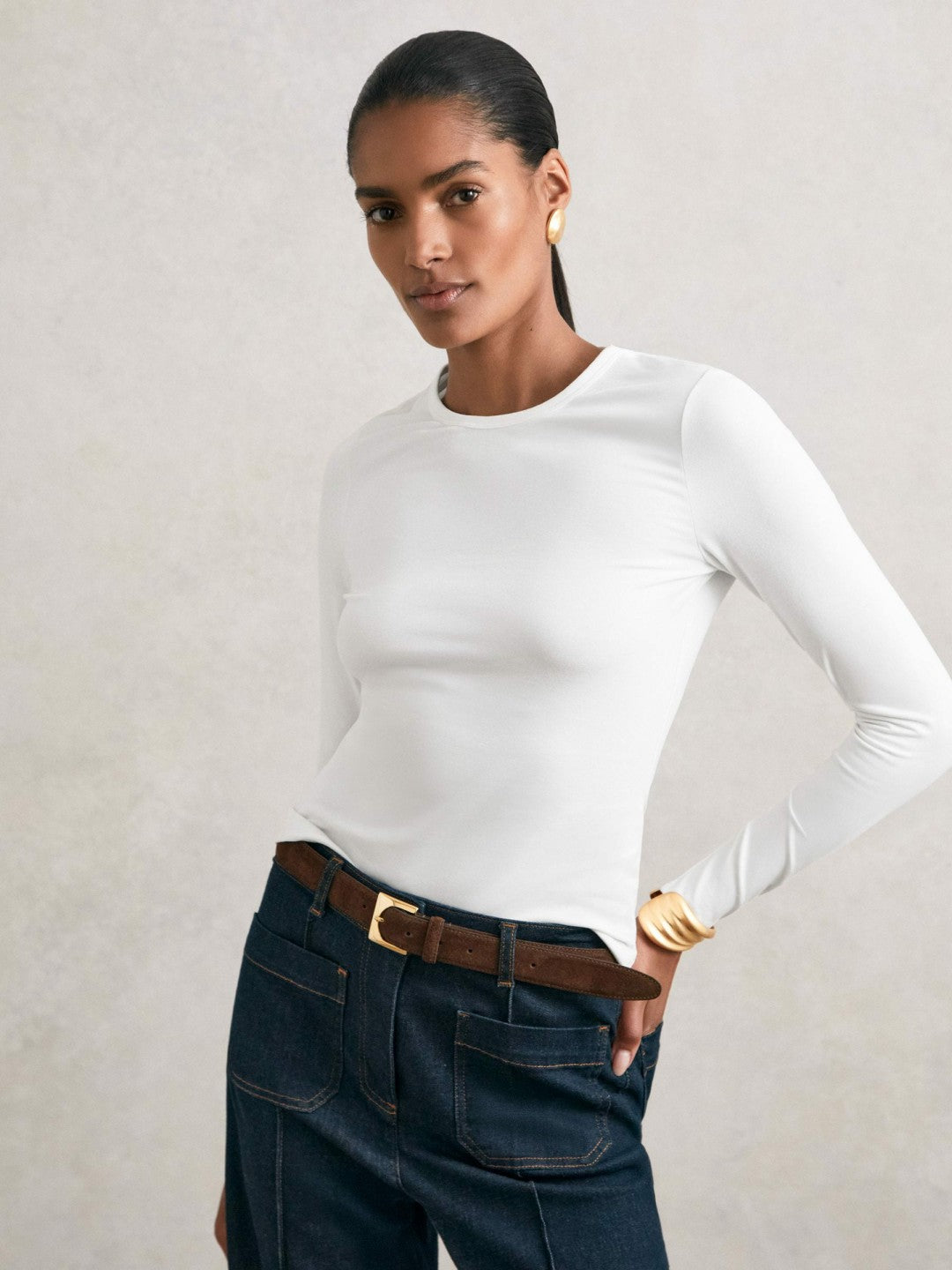 Reiss Offer - Cotton Crew-Neck Long-Sleeve T-Shirt With Stretch in White