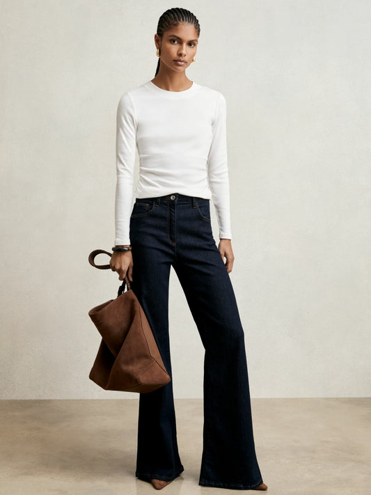 Reiss Value - Cotton Long-Sleeve Ruched T-Shirt with Stretch in White