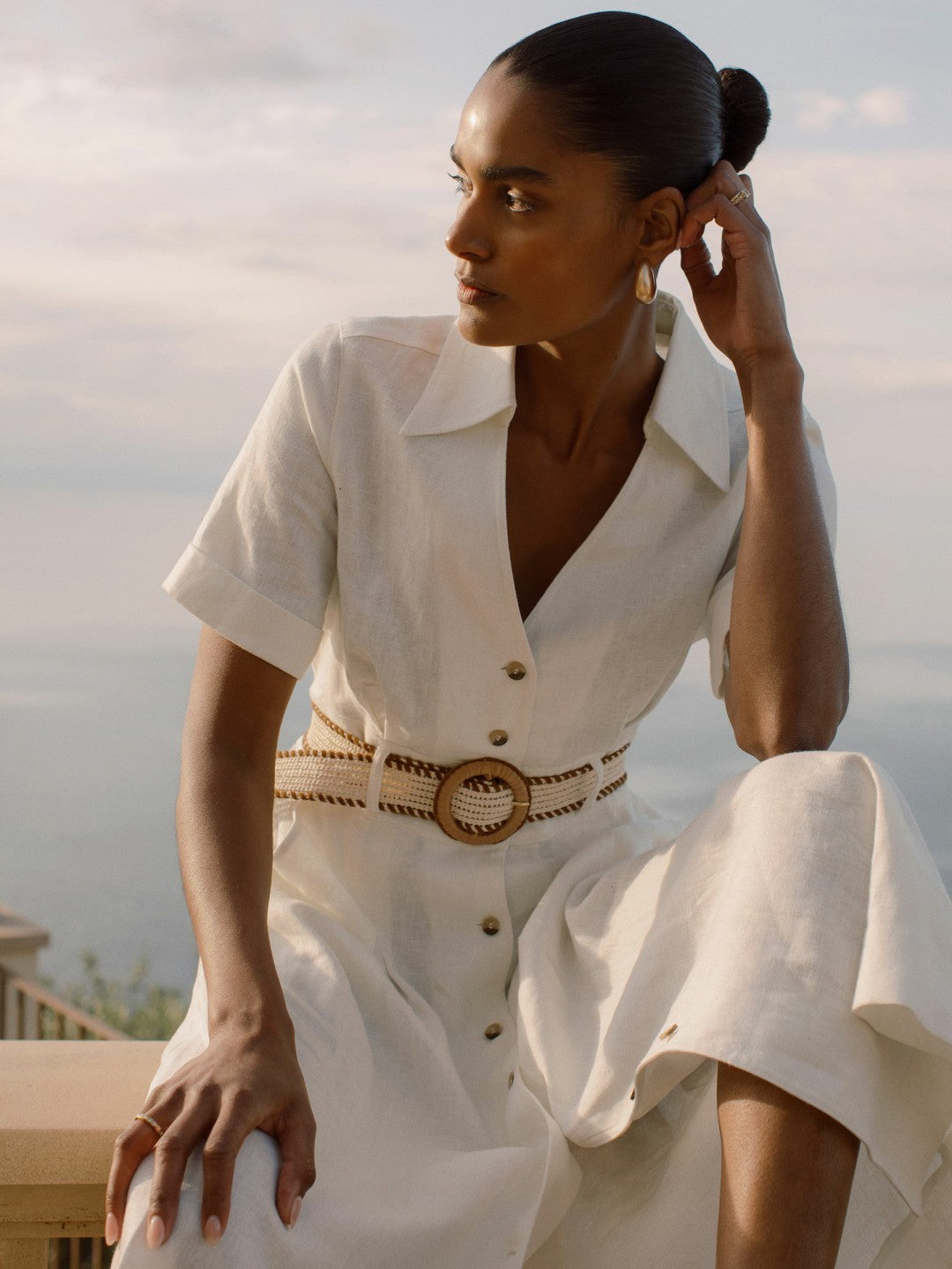 Reiss Linen Belted Midi Shirt Dress in Ivory