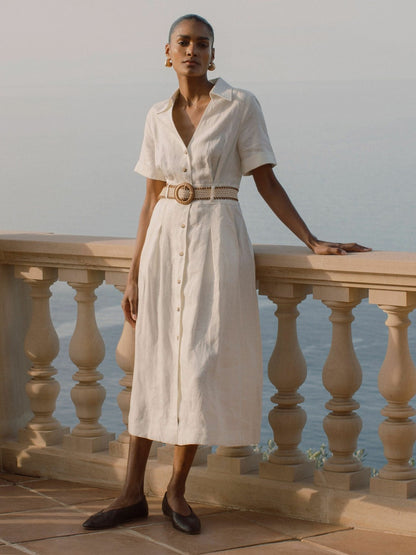 Reiss Linen Belted Midi Shirt Dress in Ivory
