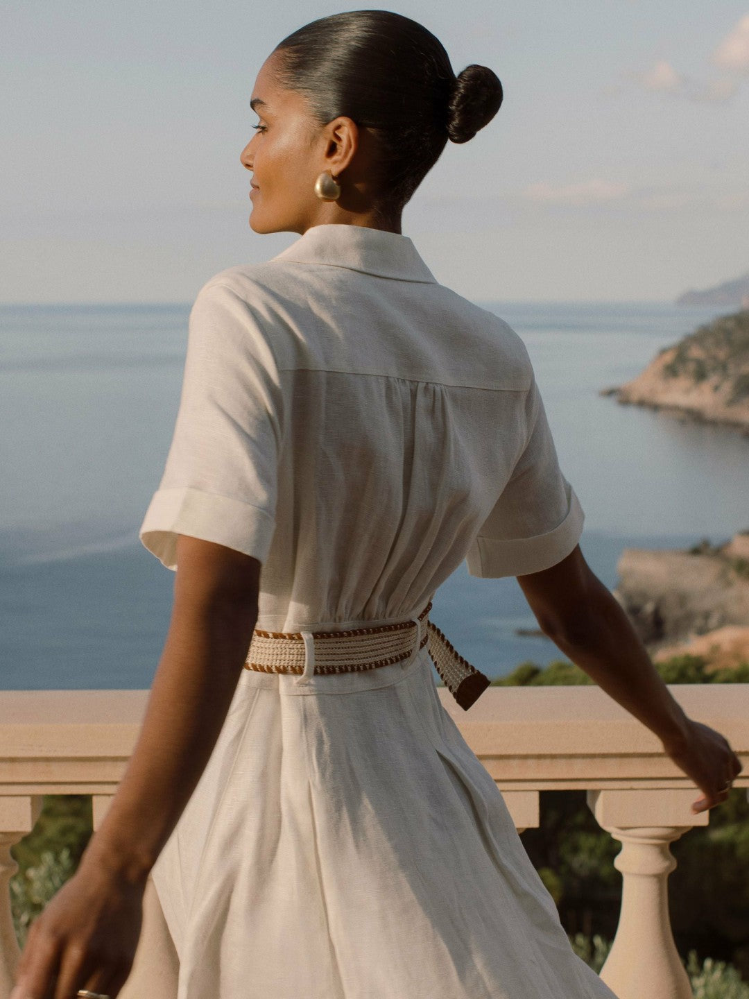 Reiss Linen Belted Midi Shirt Dress in Ivory