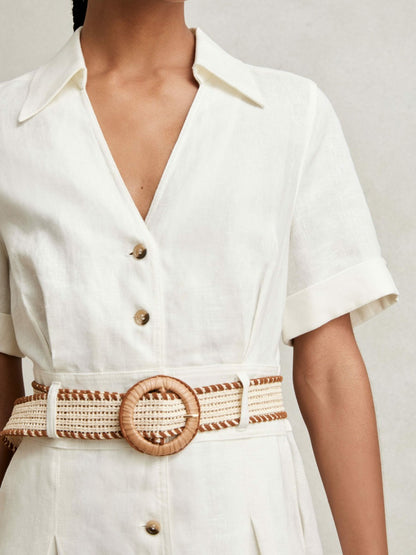 Reiss Linen Belted Midi Shirt Dress in Ivory