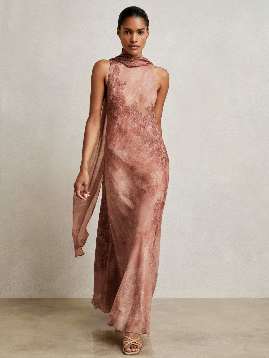 Reiss Petite Chiffon Floral Cape Maxi Dress in Pale Pink