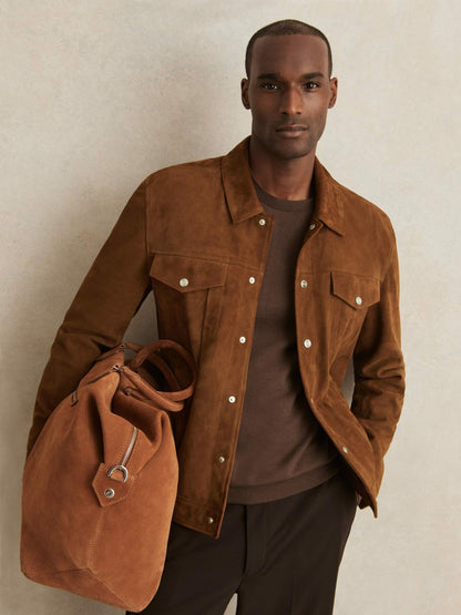 Reiss Suede Press Stud Trucker Jacket in Tobacco Brown