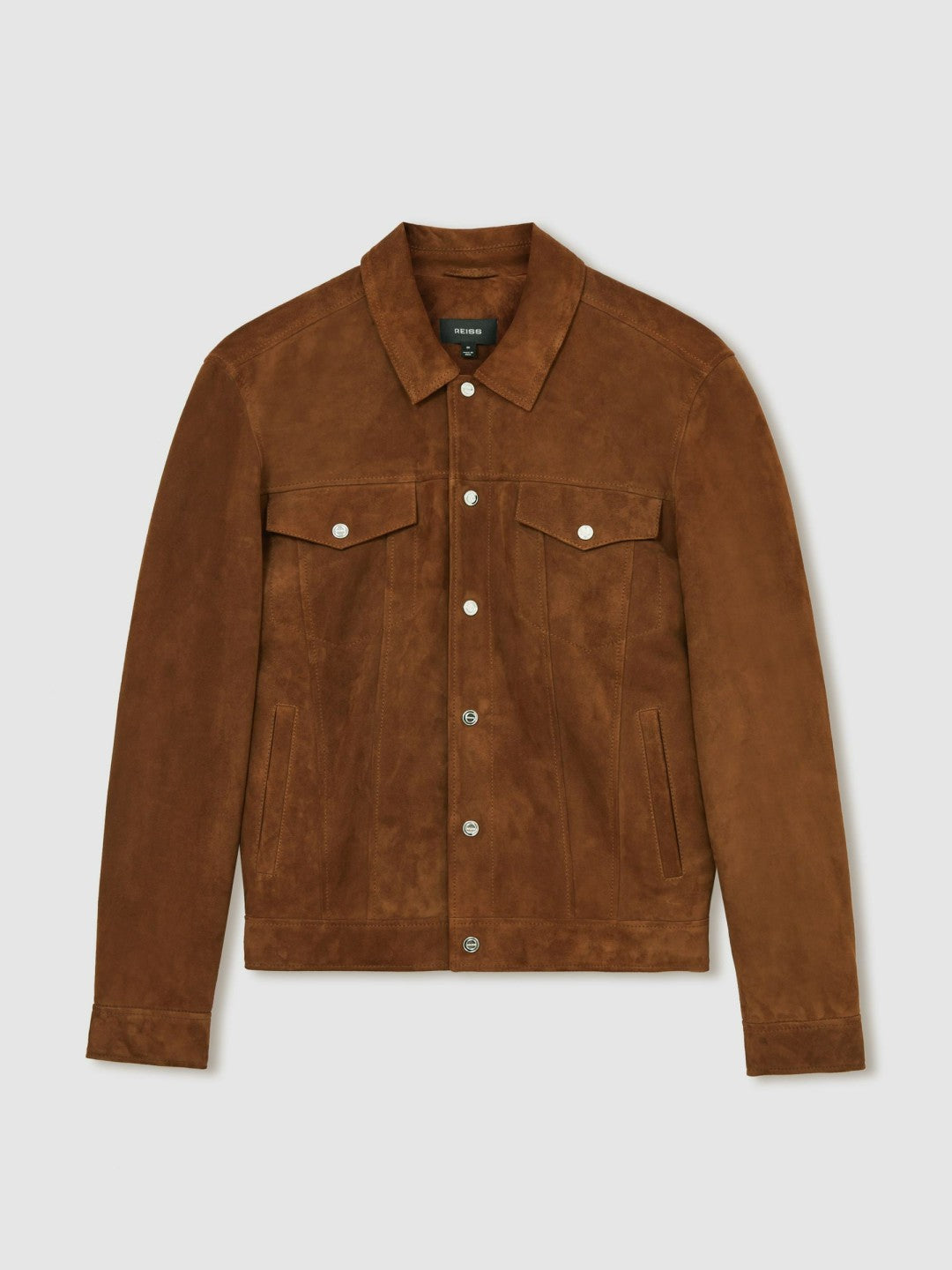 Reiss Suede Press Stud Trucker Jacket in Tobacco Brown