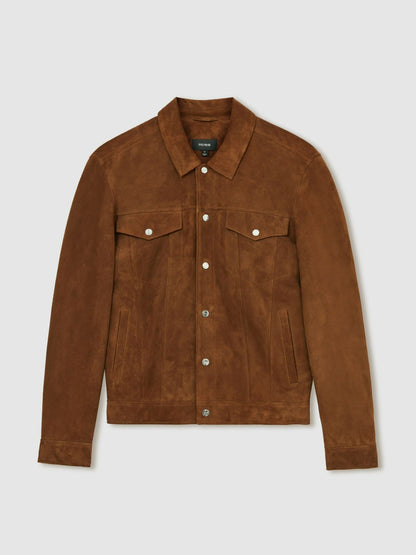 Reiss Suede Press Stud Trucker Jacket in Tobacco Brown