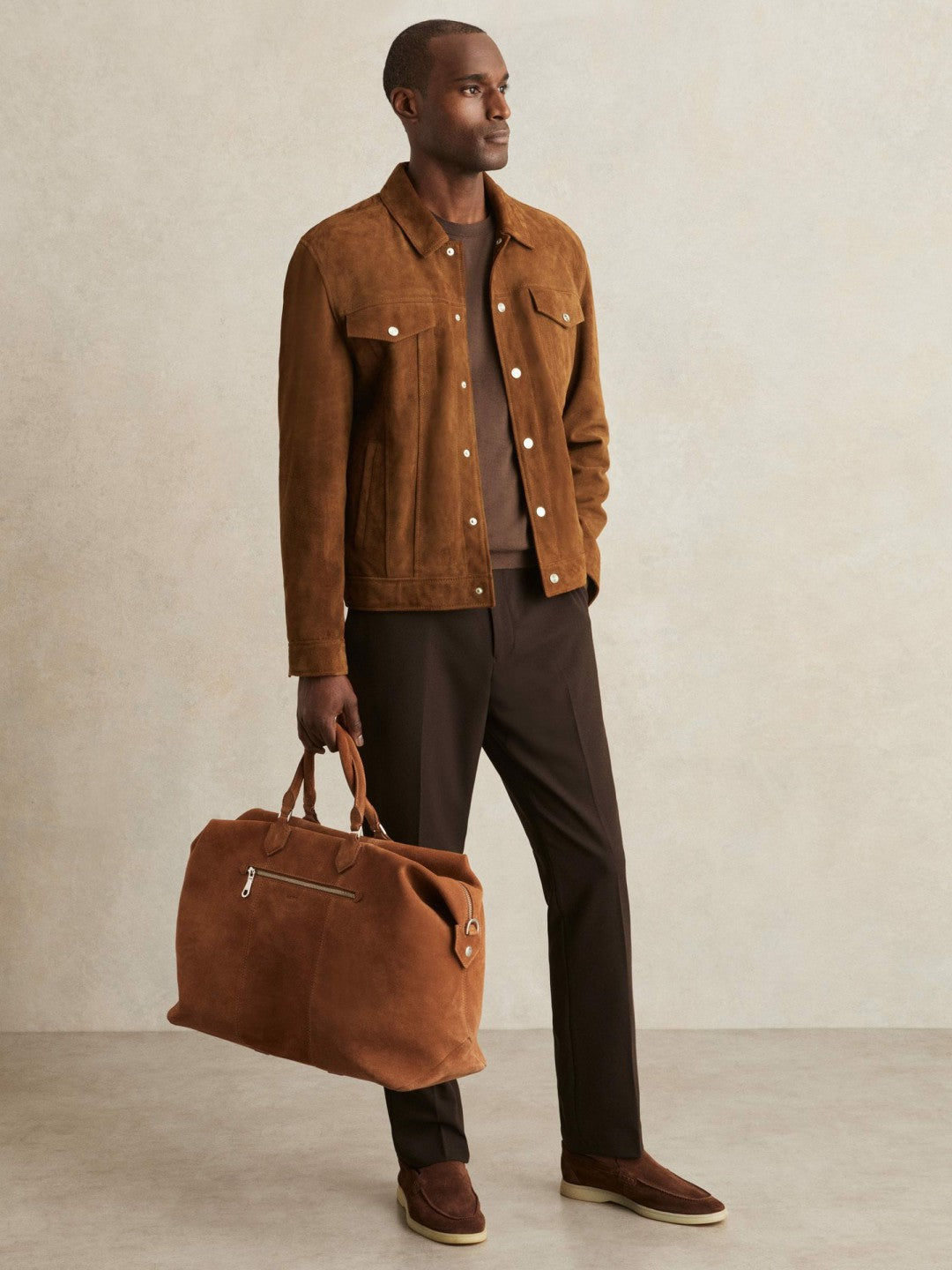 Reiss Suede Press Stud Trucker Jacket in Tobacco Brown