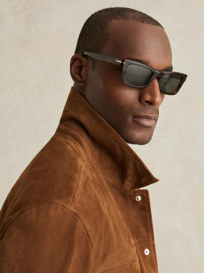 Reiss Suede Press Stud Trucker Jacket in Tobacco Brown