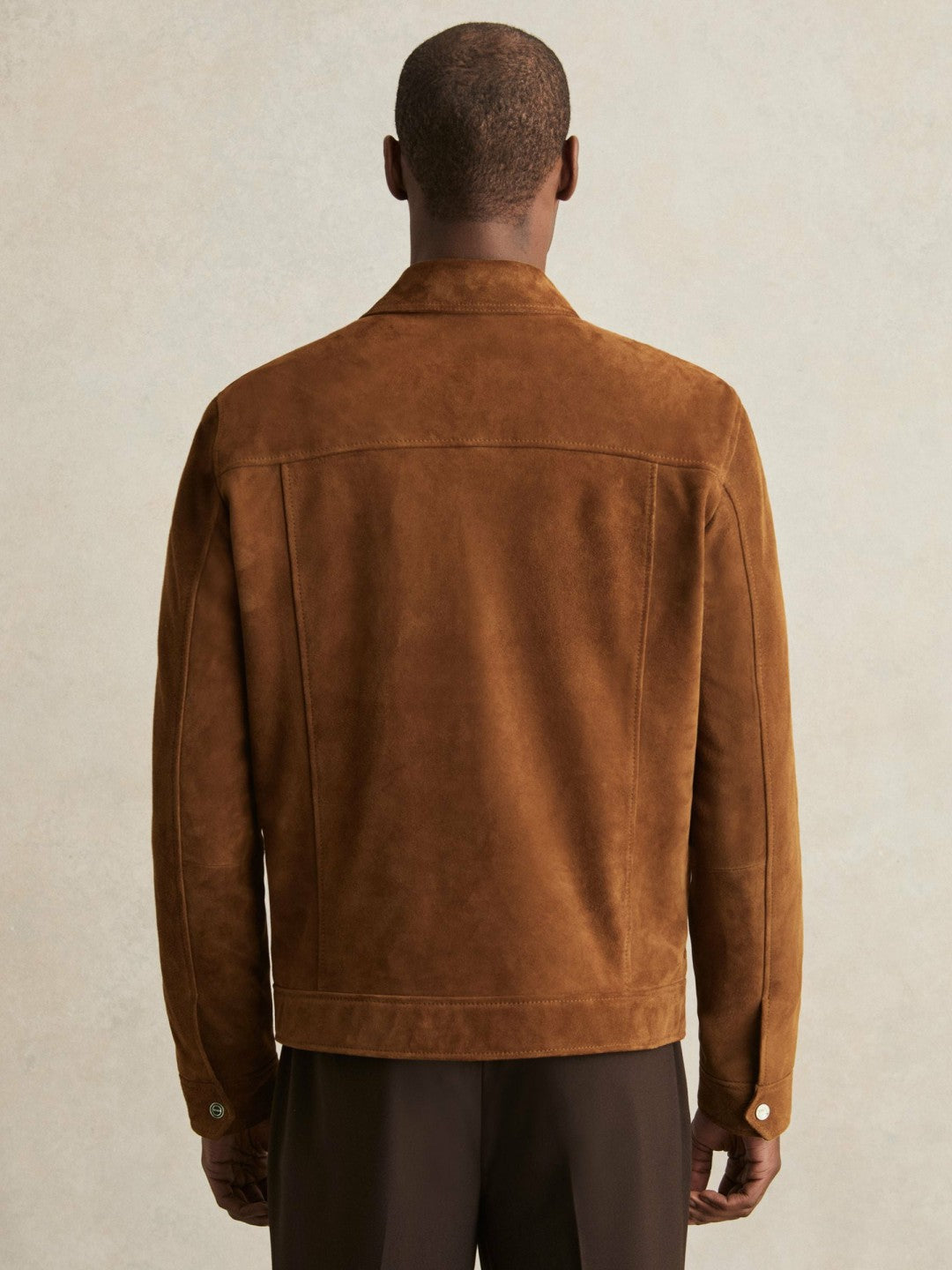 Reiss Suede Press Stud Trucker Jacket in Tobacco Brown