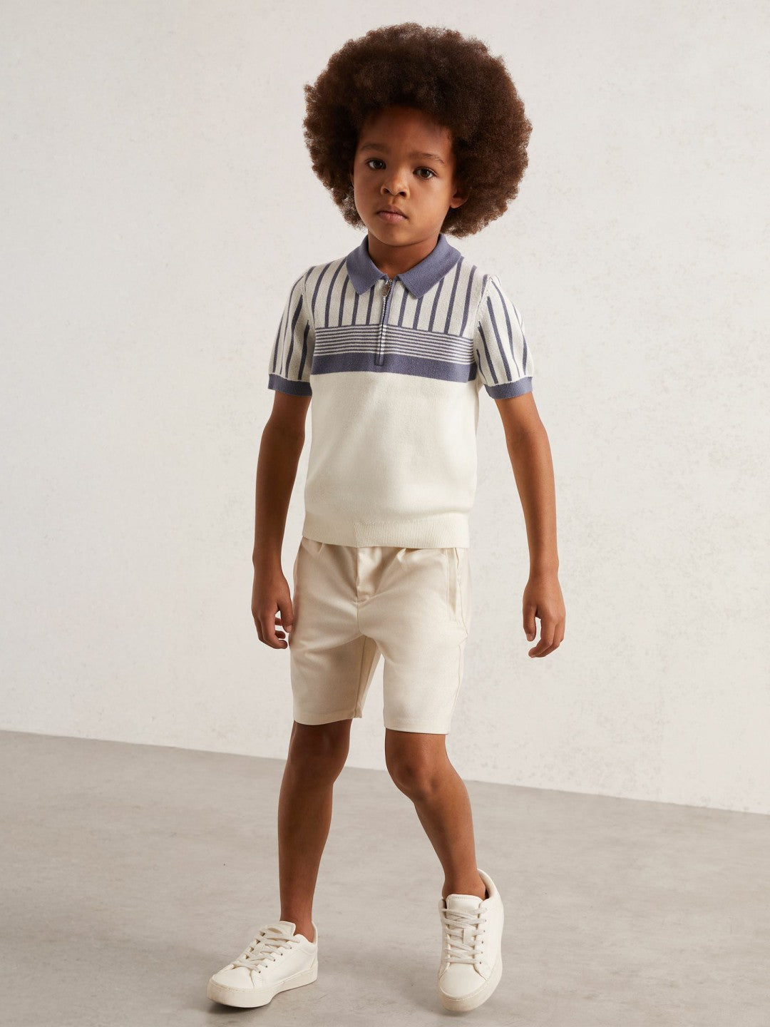 Reiss 3-9 yrs Cotton Stripe Knit Half-Zip Polo Shirt in Off White/ Airforce Blue