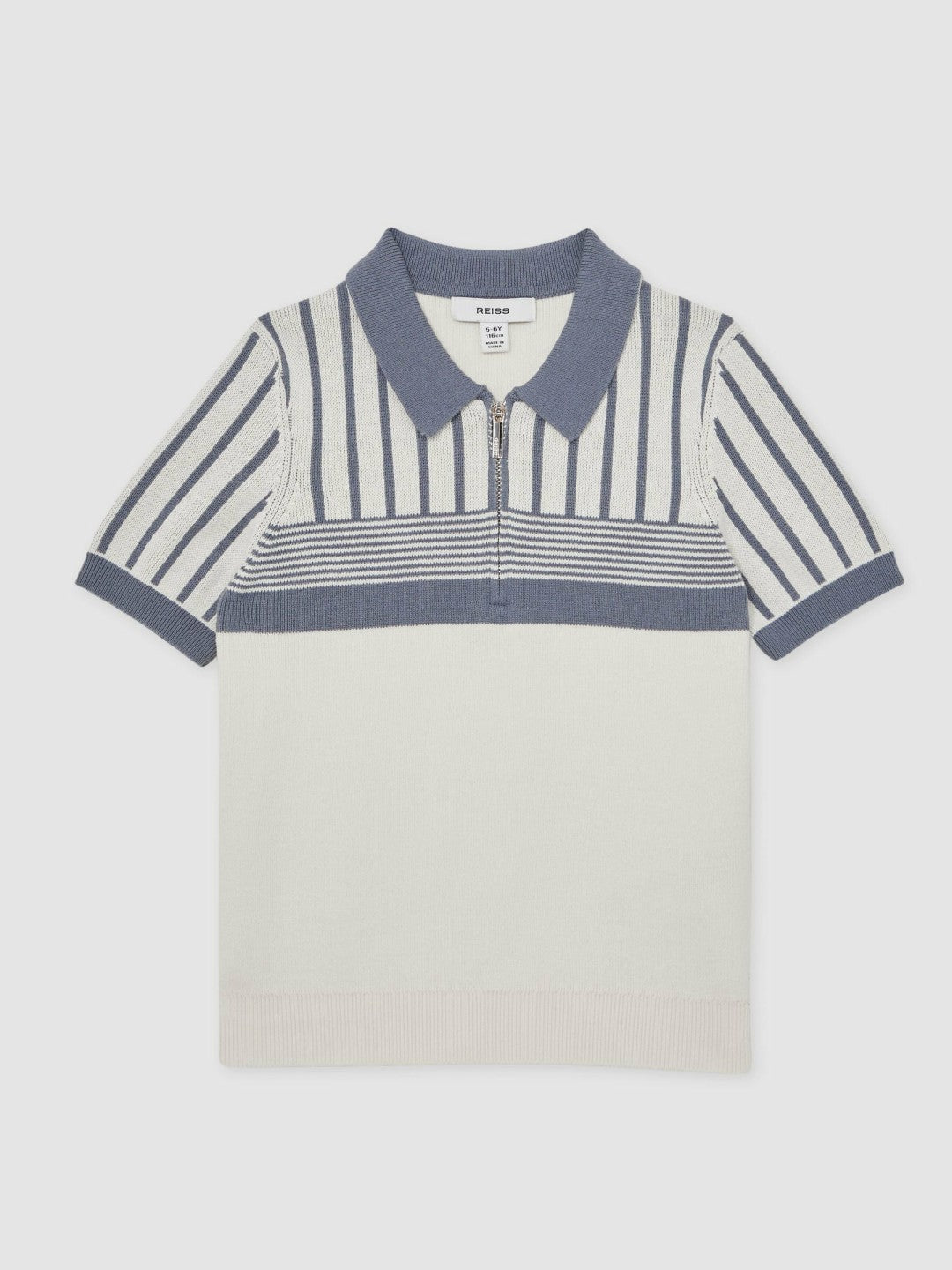 Reiss 3-9 yrs Cotton Stripe Knit Half-Zip Polo Shirt in Off White/ Airforce Blue