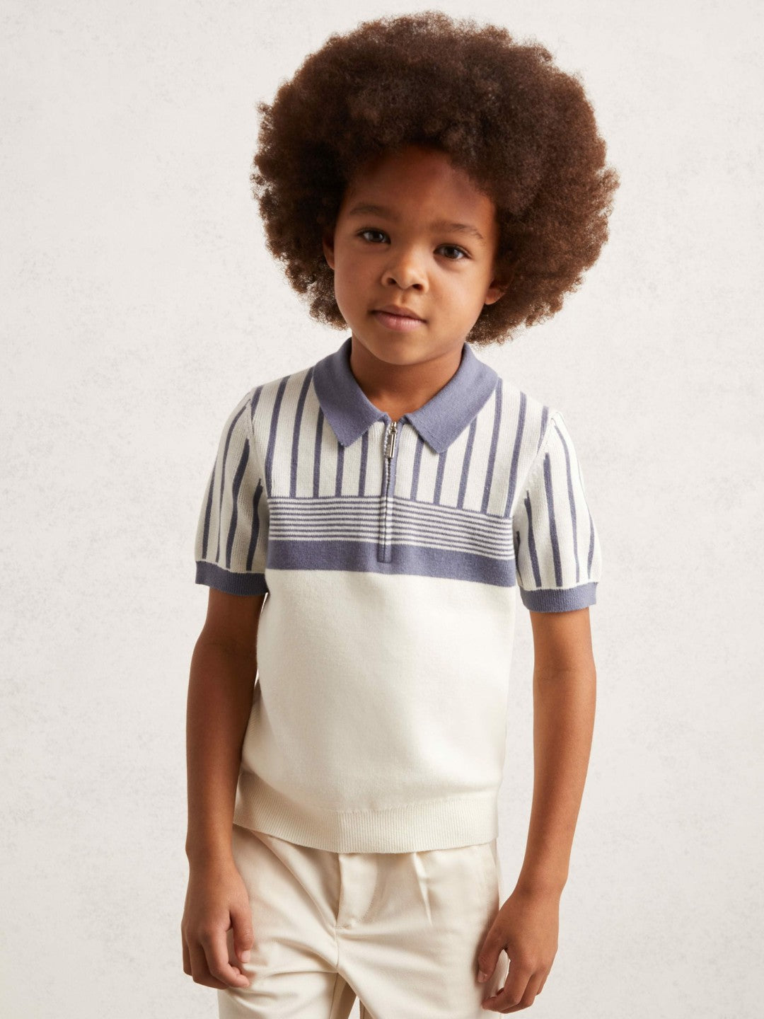 Reiss 3-9 yrs Cotton Stripe Knit Half-Zip Polo Shirt in Off White/ Airforce Blue
