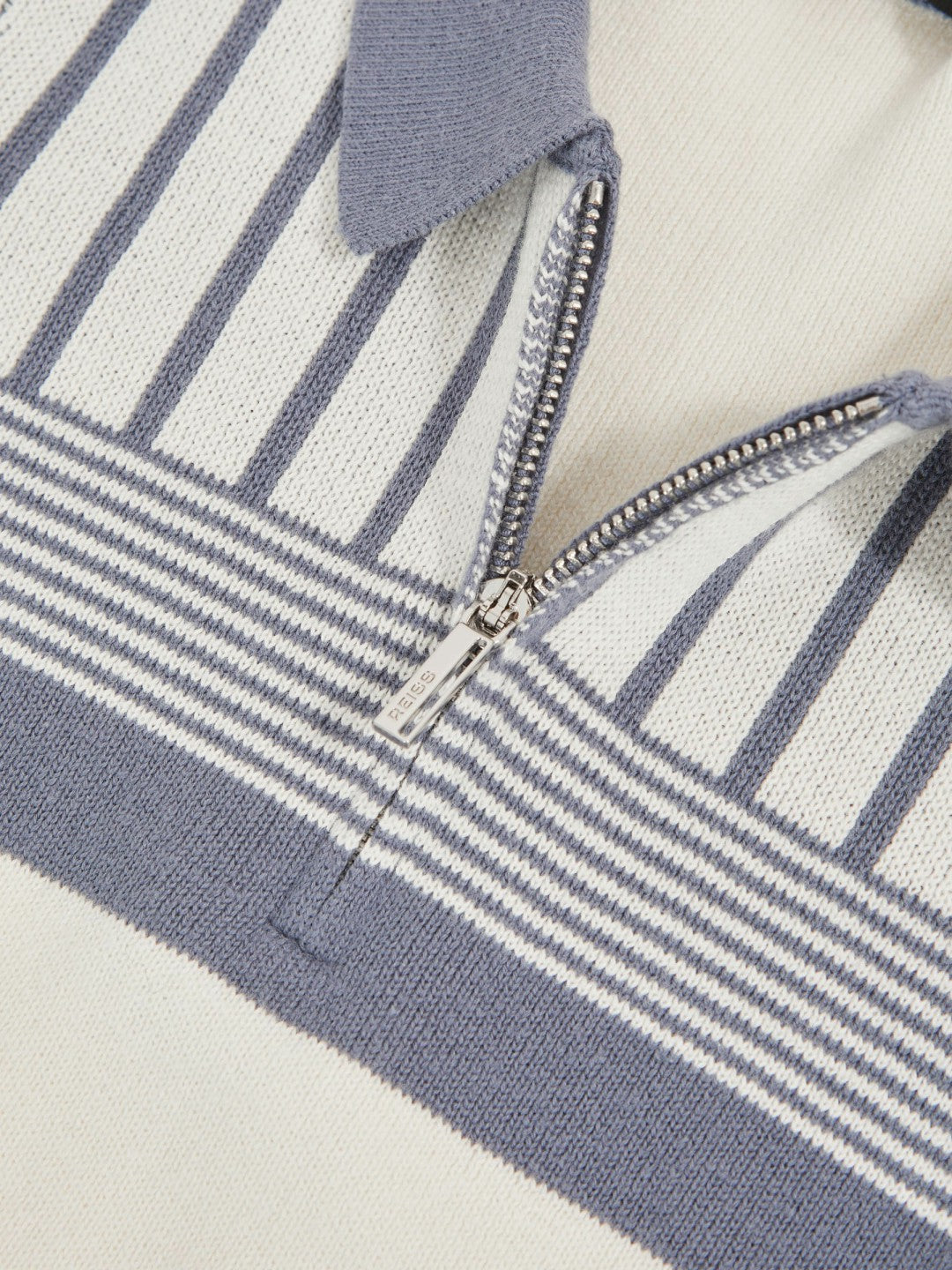 Reiss 3-9 yrs Cotton Stripe Knit Half-Zip Polo Shirt in Off White/ Airforce Blue