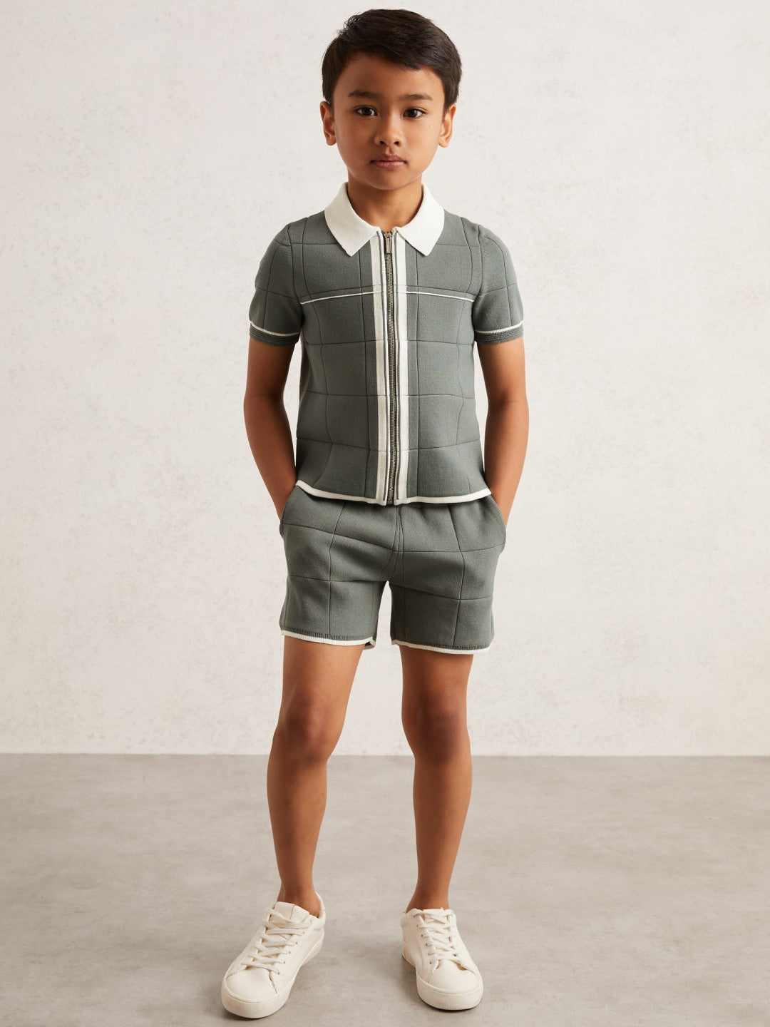 Reiss 3-9 yrs Tipped Knit Zip-Through Shirt in Dark Sage Green