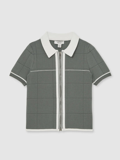 Reiss 3-9 yrs Tipped Knit Zip-Through Shirt in Dark Sage Green