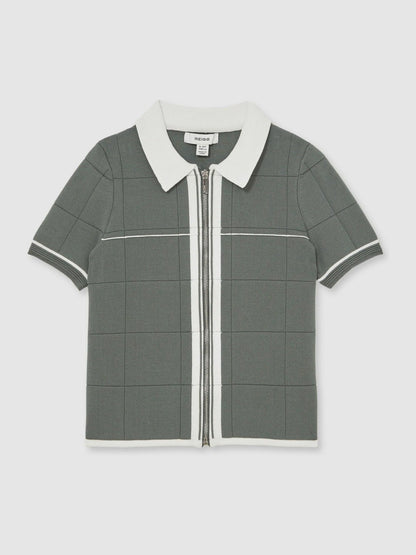 Reiss Deal - 9-13 yrs Tipped Knit Zip-Through Shirt in Dark Sage Green