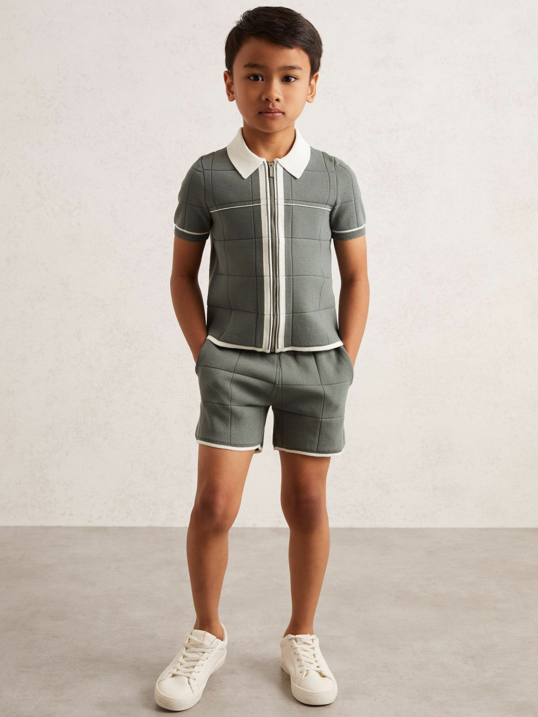 Reiss Deal - 9-13 yrs Tipped Knit Zip-Through Shirt in Dark Sage Green