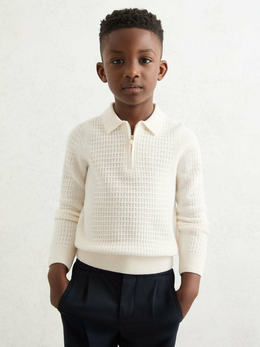 Reiss Popular Choice - 3-9 yrs Wool Waffle-Knit Half-Zip Polo Shirt in Off White