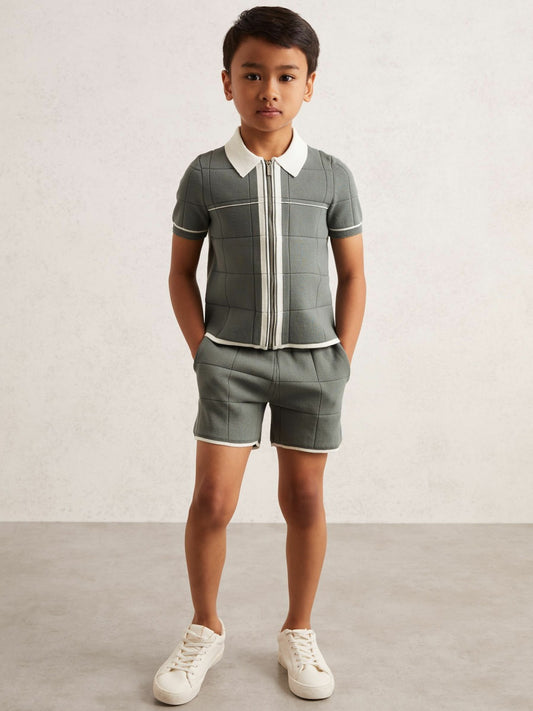 Reiss Popular Choice - 13-14 yrs Tipped Knit Zip-Through Shirt in Dark Sage Green