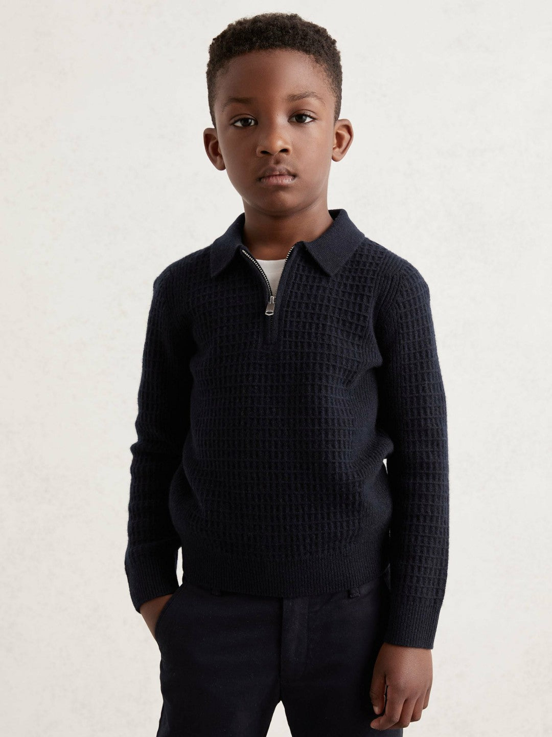 Reiss Featured - 3-9 yrs Wool Waffle-Knit Half-Zip Polo Shirt in Navy Blue