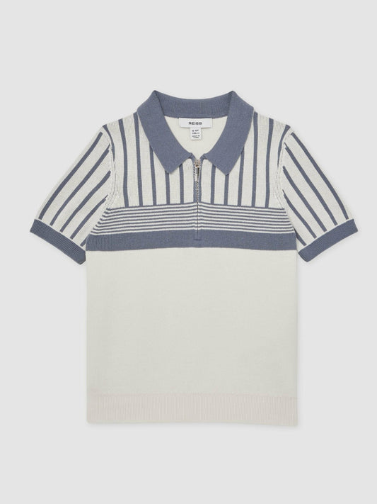 Reiss Value - 13-14 yrs Cotton Stripe Knit Half-Zip Polo Shirt in Off White/ Airforce Blue