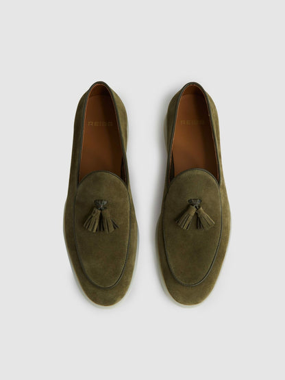 Reiss Value - Suede Tassel Loafers in Moss Green