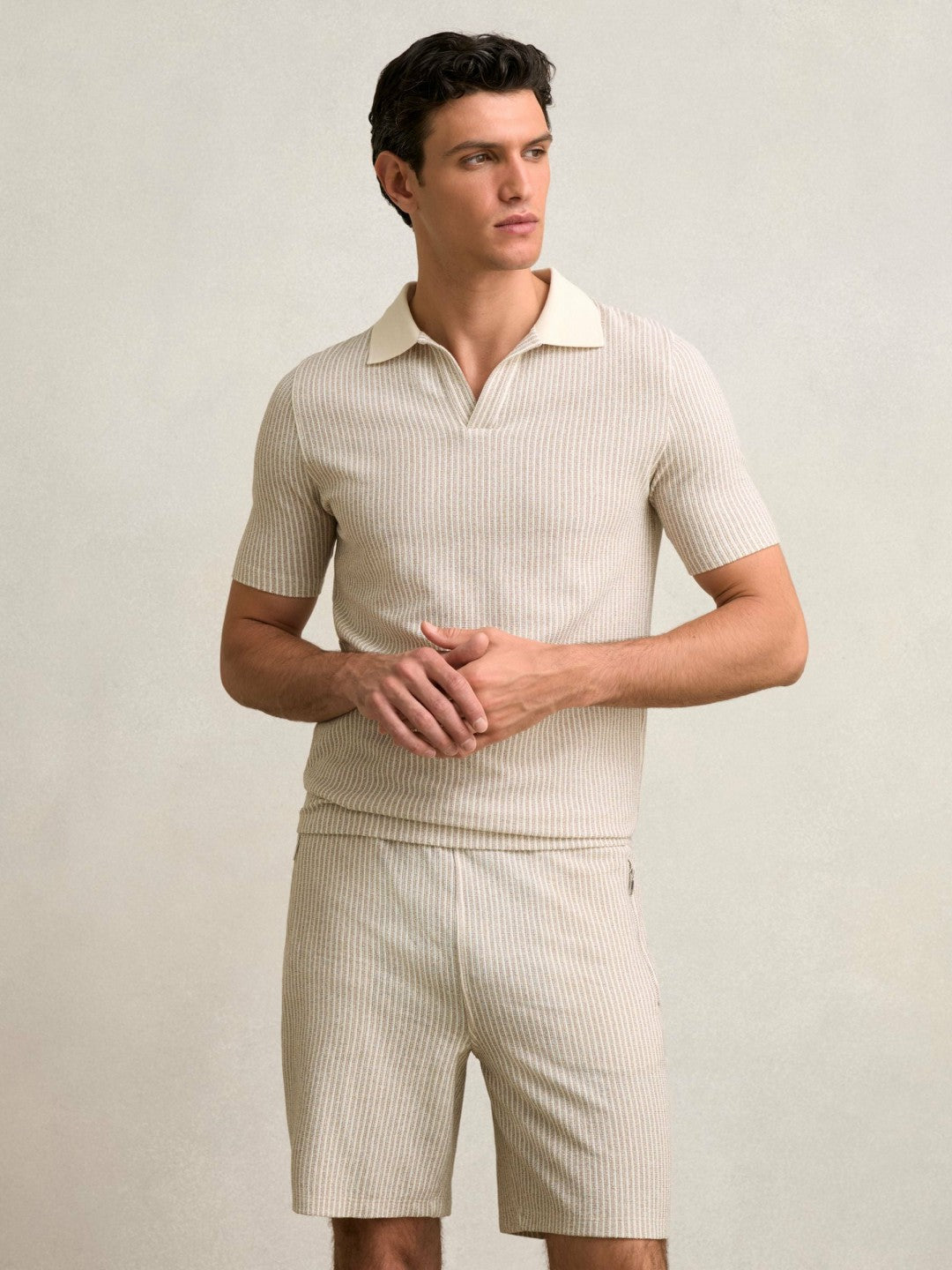 Reiss Savings - Cotton-Blend Stripe Drawstring Shorts in Ecru/Taupe Brown