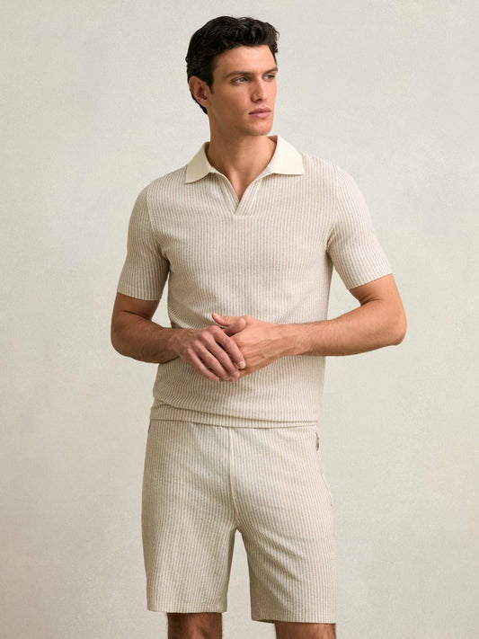 Reiss Savings - Cotton-Blend Stripe Drawstring Shorts in Ecru/Taupe Brown