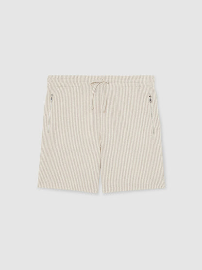 Reiss Savings - Cotton-Blend Stripe Drawstring Shorts in Ecru/Taupe Brown