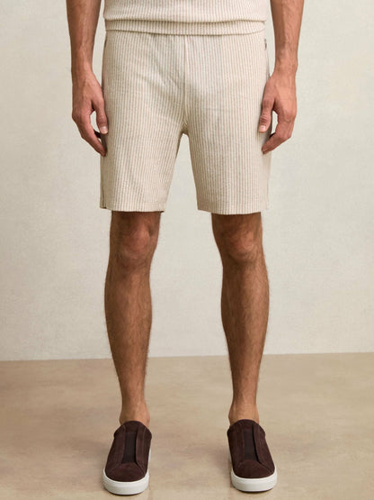 Reiss Savings - Cotton-Blend Stripe Drawstring Shorts in Ecru/Taupe Brown