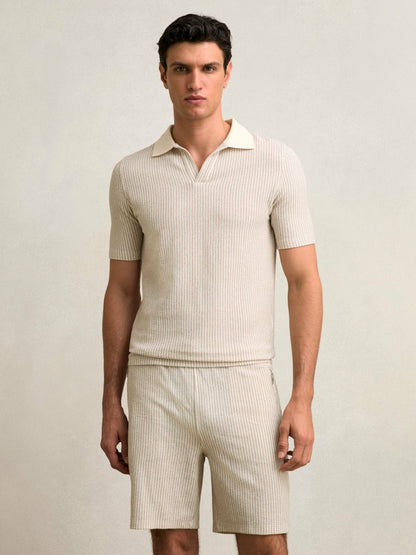 Reiss Savings - Cotton-Blend Stripe Drawstring Shorts in Ecru/Taupe Brown