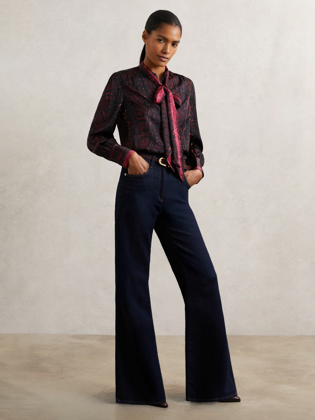 Reiss Affordable - Snake-Print Tie-Neck Blouse in Burgundy