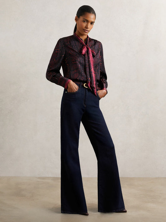 Reiss Affordable - Snake-Print Tie-Neck Blouse in Burgundy