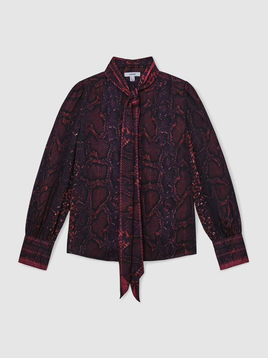 Reiss Snake-Print Tie-Neck Blouse in Burgundy