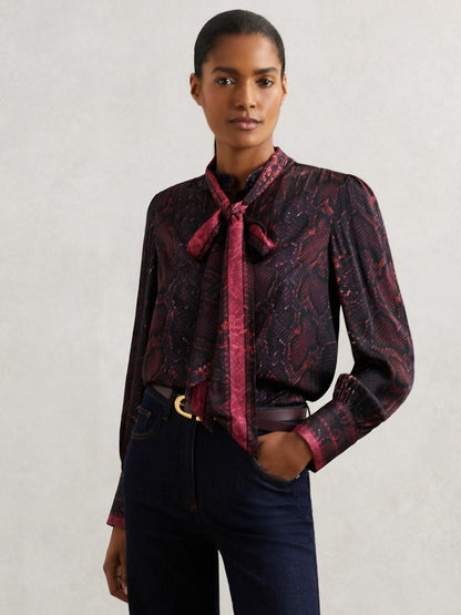 Reiss Affordable - Snake-Print Tie-Neck Blouse in Burgundy