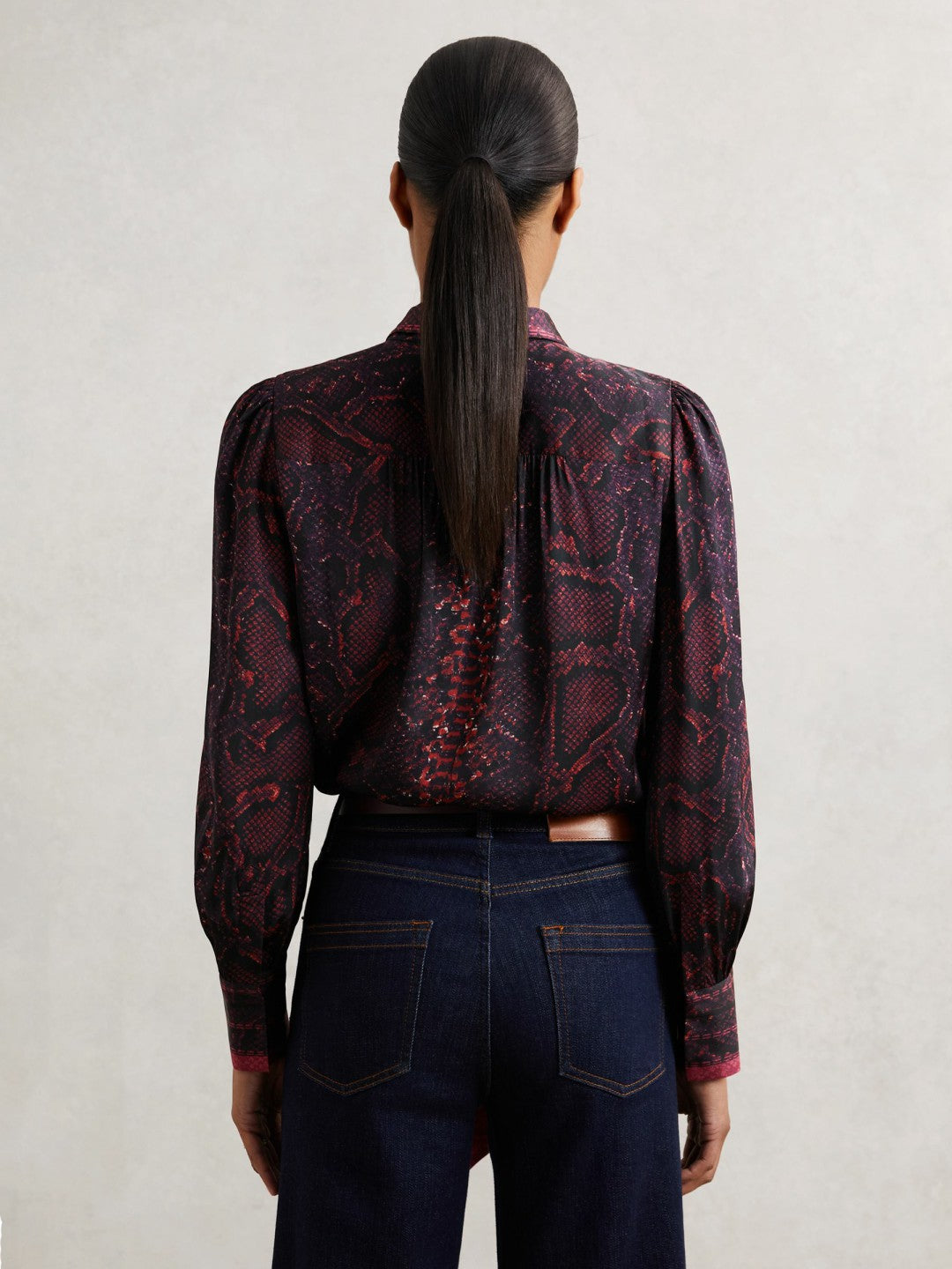 Reiss Affordable - Snake-Print Tie-Neck Blouse in Burgundy