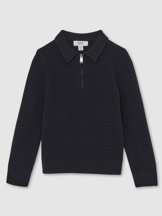 Reiss 13-14 yrs Wool Waffle-Knit Half-Zip Polo Shirt in Navy Blue