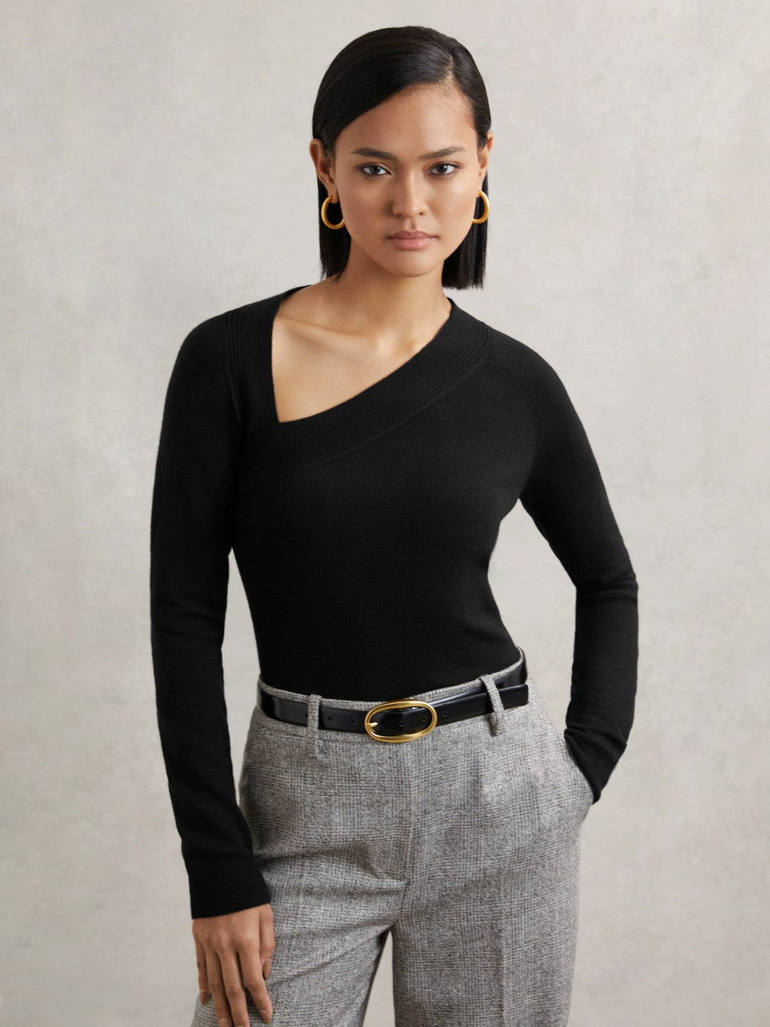 Reiss Best Seller - Wool-Blend Asymmetric Knit Top in Black