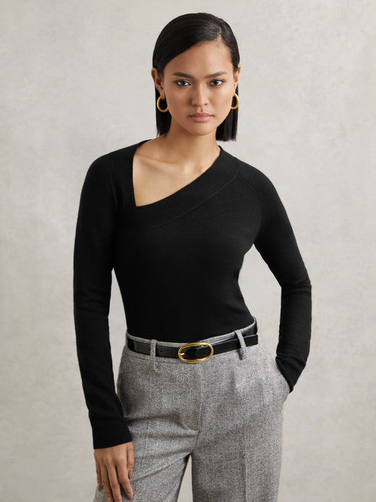 Reiss Best Seller - Wool-Blend Asymmetric Knit Top in Black