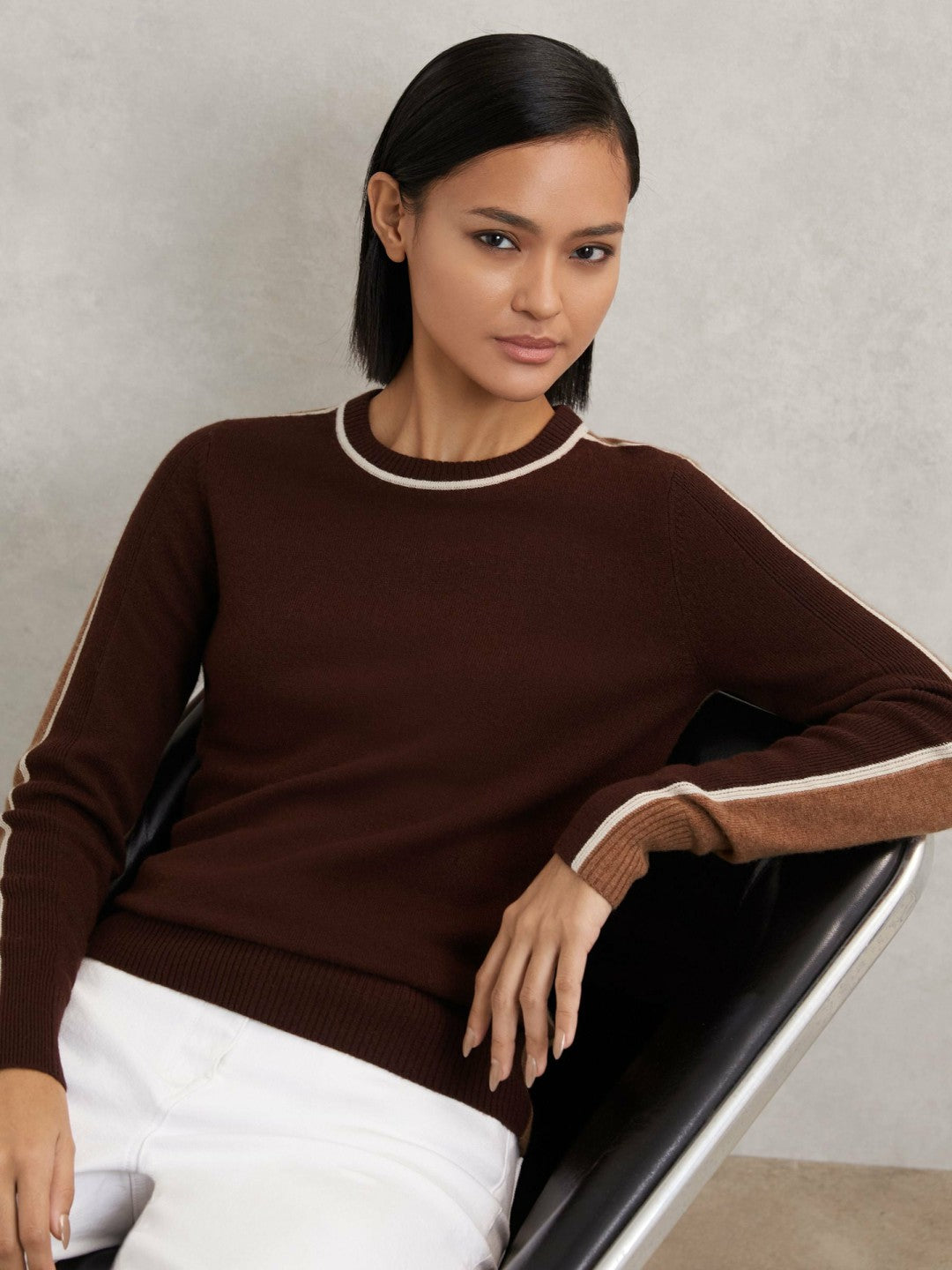 Reiss Value - Wool-Blend Colour-Block Jumper With Cashmere in Burgundy/Tan